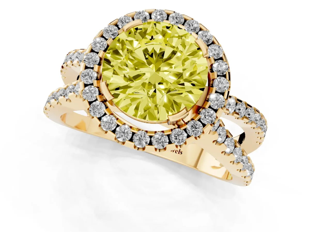 Fancy Yellow Round Cut Diamond Halo Ring with Split Shank Pavé Band and Prong Setting Yellow gold