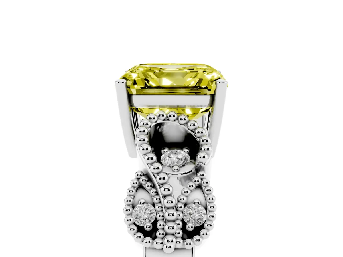 Fancy Yellow Asscher Cut Solitaire Milgrain Leaf Band with Prong Setting Silver
