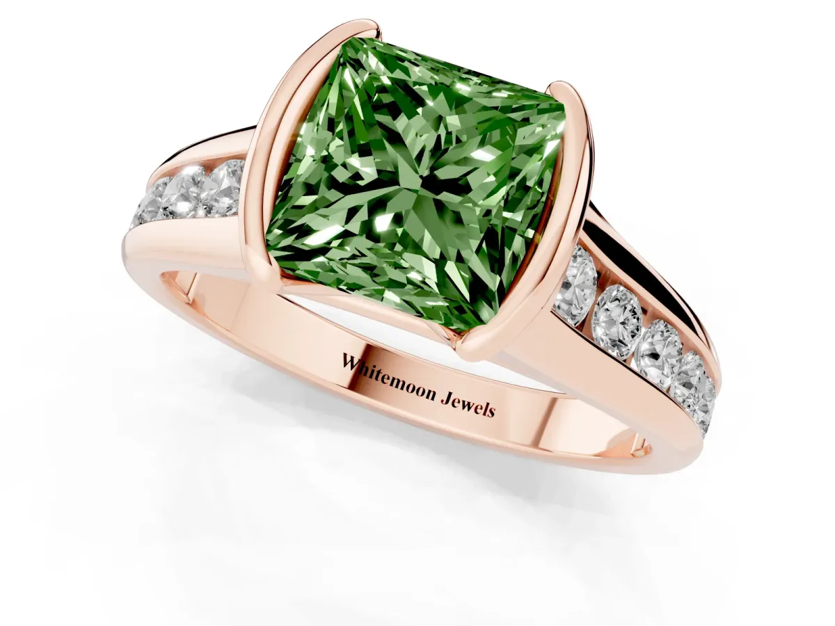 Fancy Green Princess Cut Solitaire Bezel-Set Diamond Ring with Channel-Set Band Rose gold