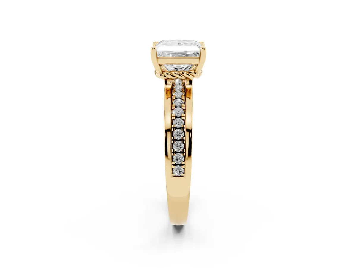 Princess Cut Solitaire Diamond Ring with Channel Set Band and Six-Prong Setting Yellow gold