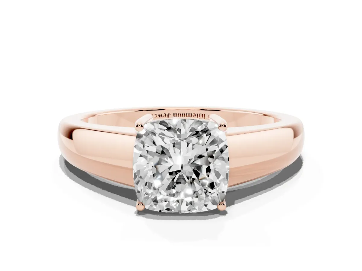 Cushion Cut Solitaire Diamond Ring with Tapered Band and Four-Prong Setting Rose gold