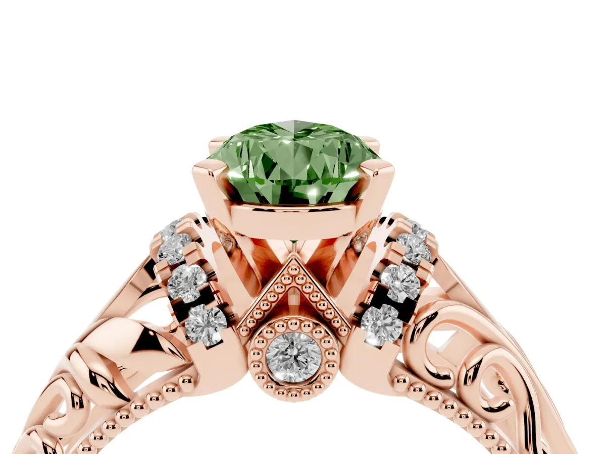 Fancy Green Pear Cut Solitaire Filigree Engagement Ring with Halo and Prong Setting Rose gold