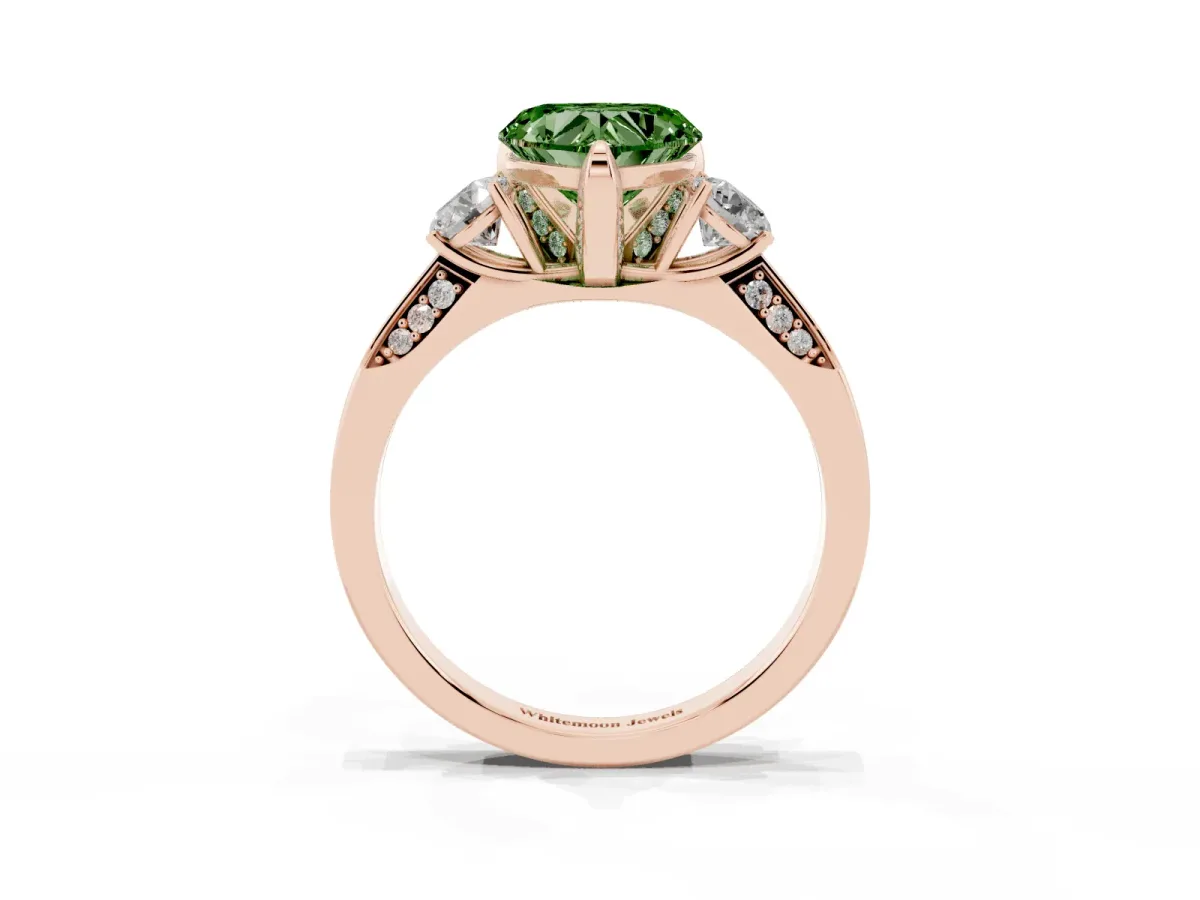 Fancy Green Heart Cut Brilliant Three-Stone Diamond Ring with Pavé Band and Four-Prong Setting Rose gold