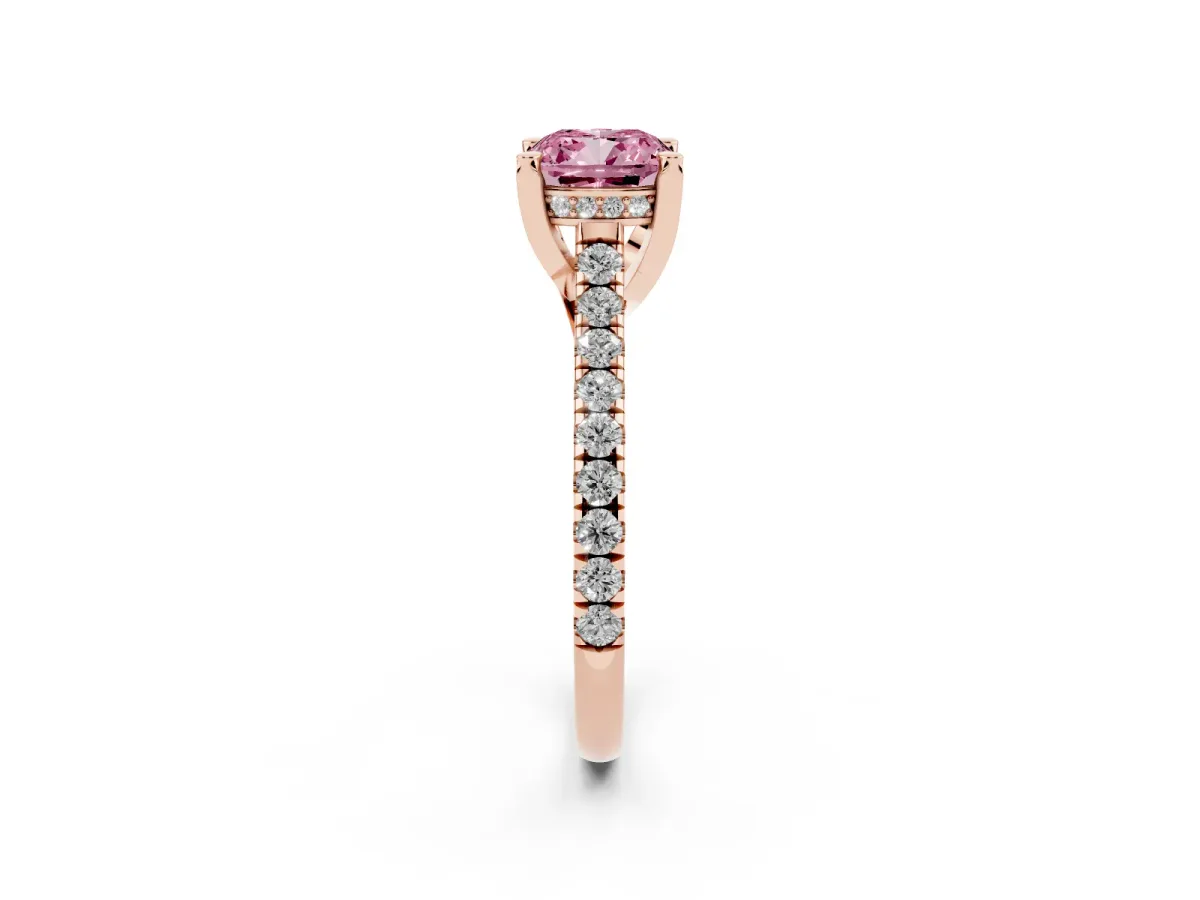 Fancy Pink Cushion Cut Brilliant Diamond Solitaire with Pavé Band and Four-Prong Setting Rose gold