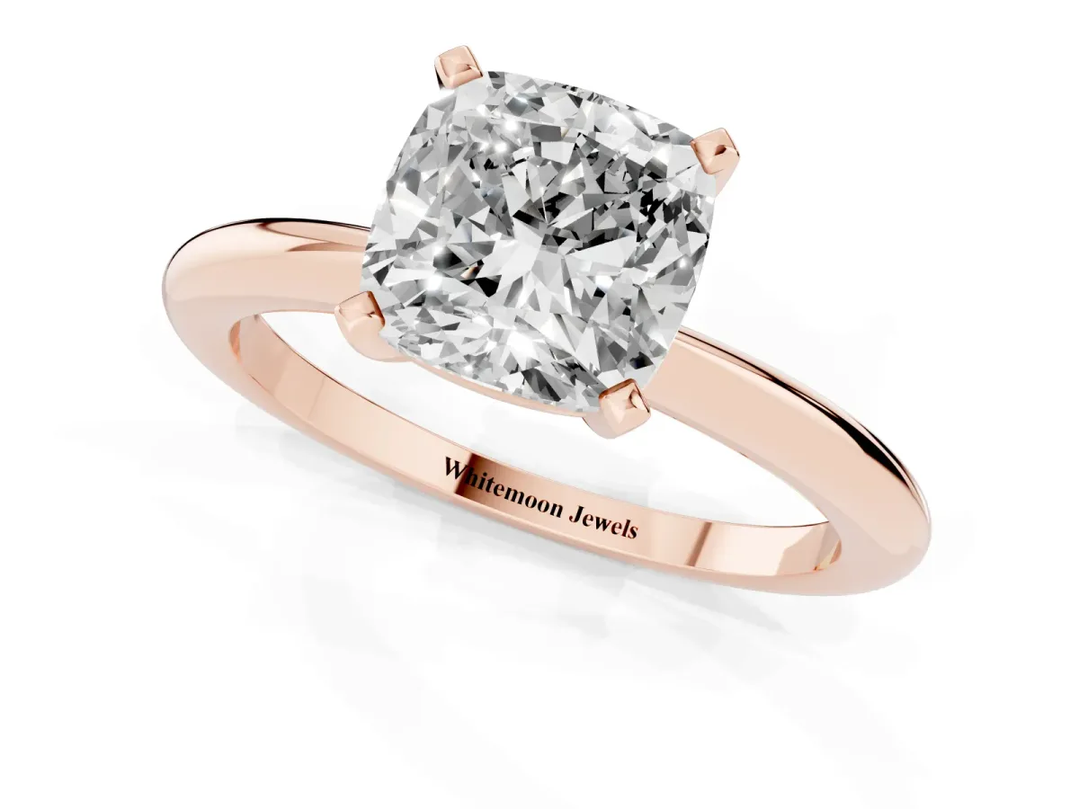 Cushion Cut Diamond Solitaire Ring with Prong Setting and Classic Band Rose gold