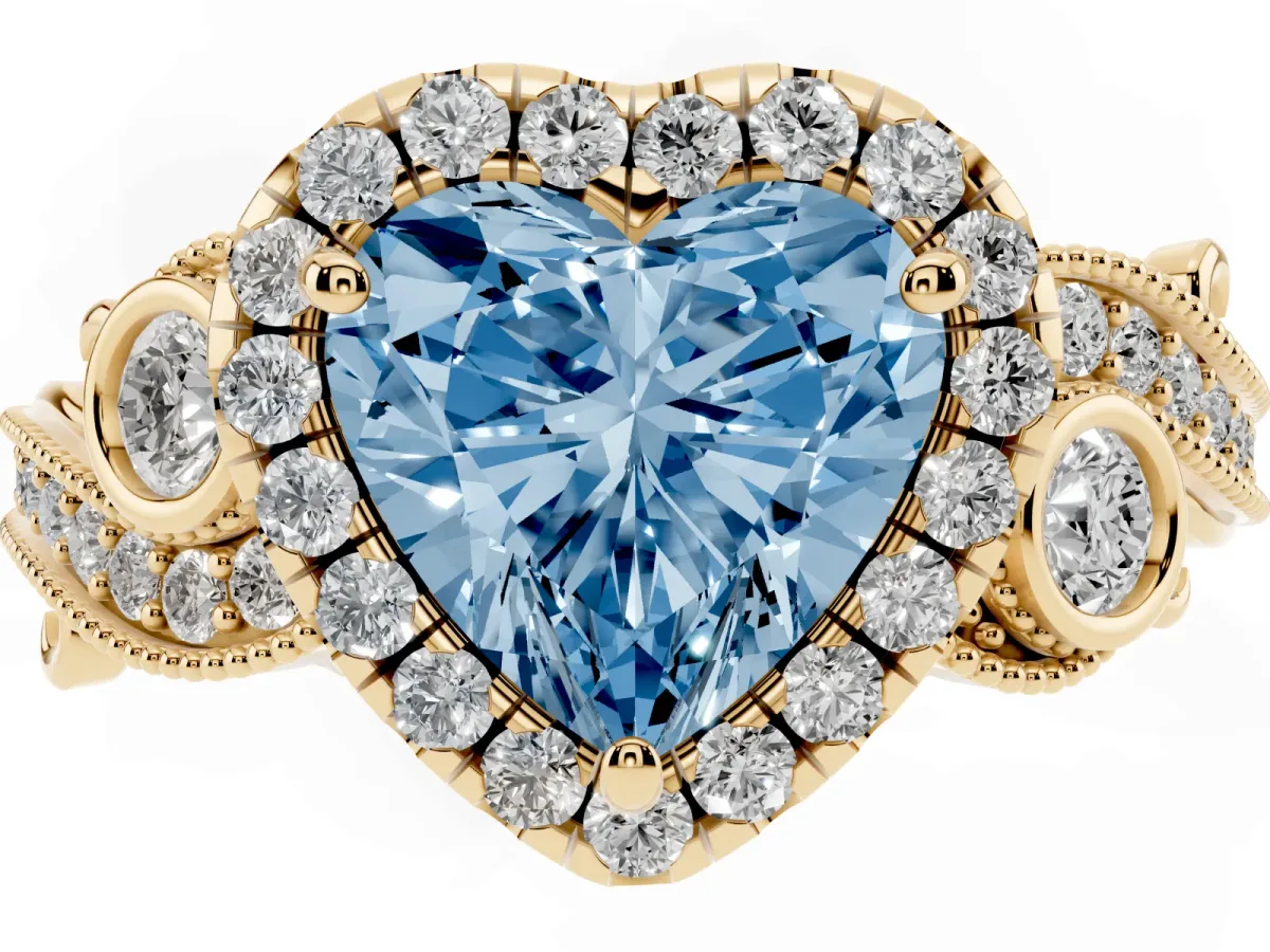 Fancy Blue Heart Cut Diamond Halo Ring with Milgrain Pavé Band and Four-Prong Setting Yellow gold