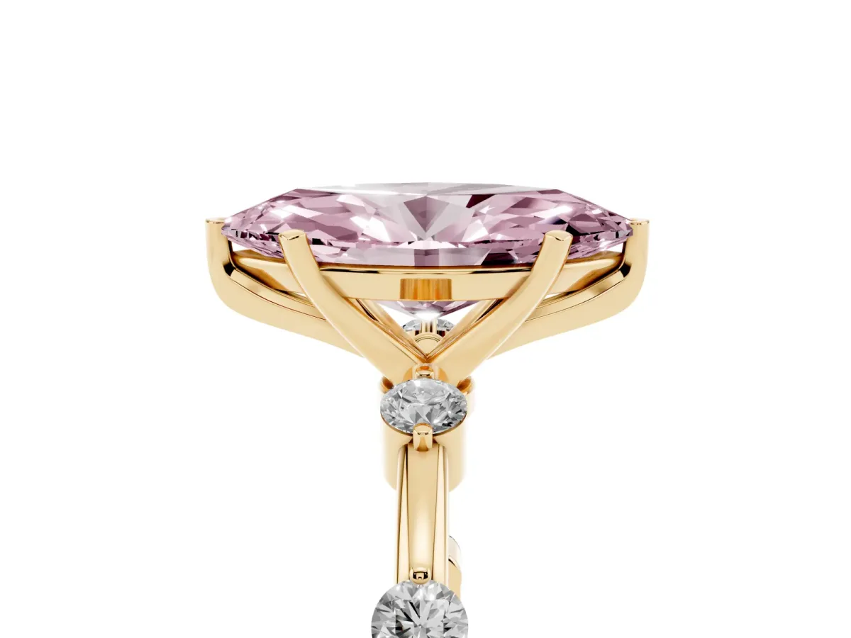Fancy Pink Marquise Cut Solitaire Diamond Ring with Bezel Set Side Stones and Prong Setting Yellow gold