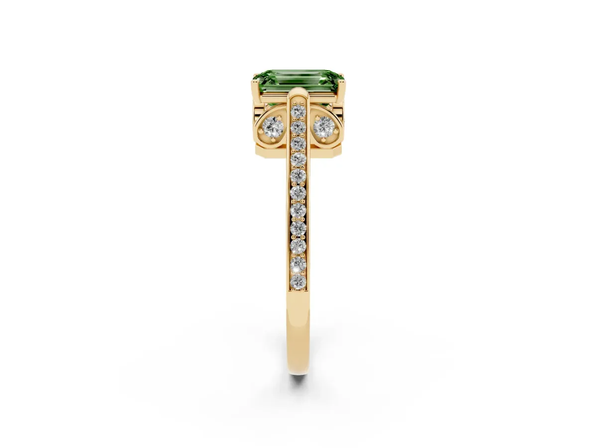 Fancy Green Emerald Cut Cut Cathedral Pave Diamond Engagement Ring with Six-Prong Setting Yellow gold