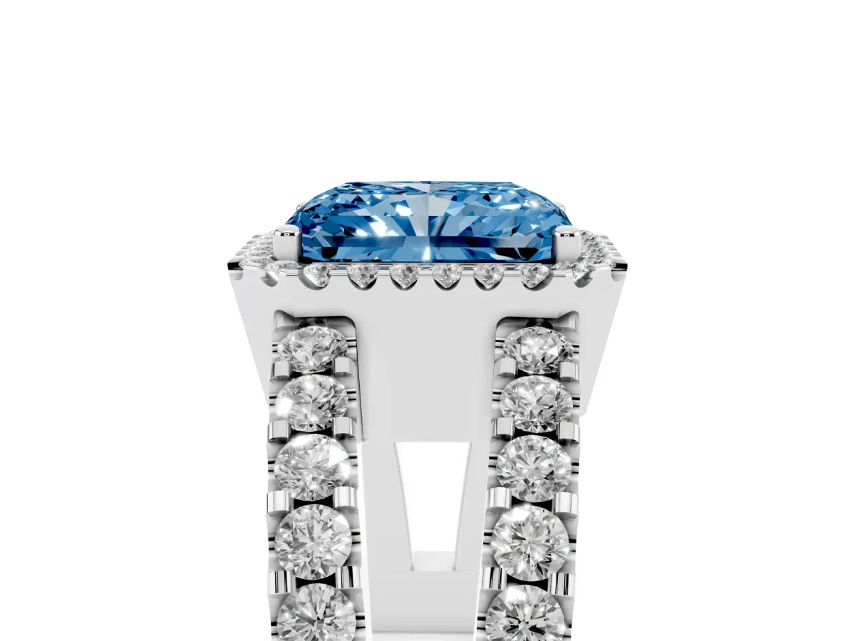 Fancy Blue Radiant Cut Cut Halo Split Shank Diamond Ring with Four-Prong Setting Platinum