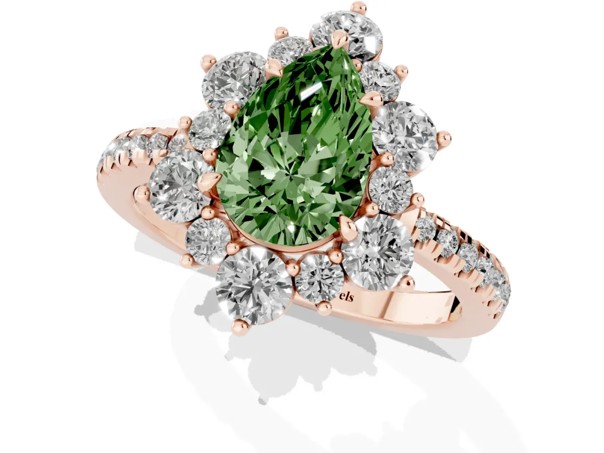 Fancy Green Pear Cut Diamond Floral Halo Ring with Round Pavé Band and Prong Setting Rose gold
