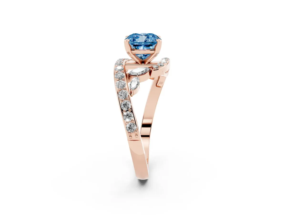 Fancy Blue Cushion Cut Solitaire with Pavé Twist Band and Four-Prong Setting Rose gold