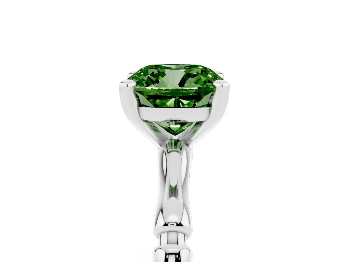 Fancy Green Cushion Cut Solitaire Diamond Ring with Bamboo Band and Four-Prong Setting Silver