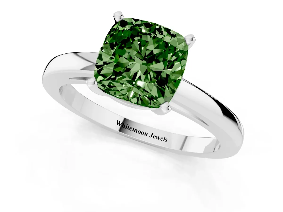 Fancy Green Cushion Cut Solitaire Diamond Engagement Ring with Four-Prong Setting on a Classic Band Silver
