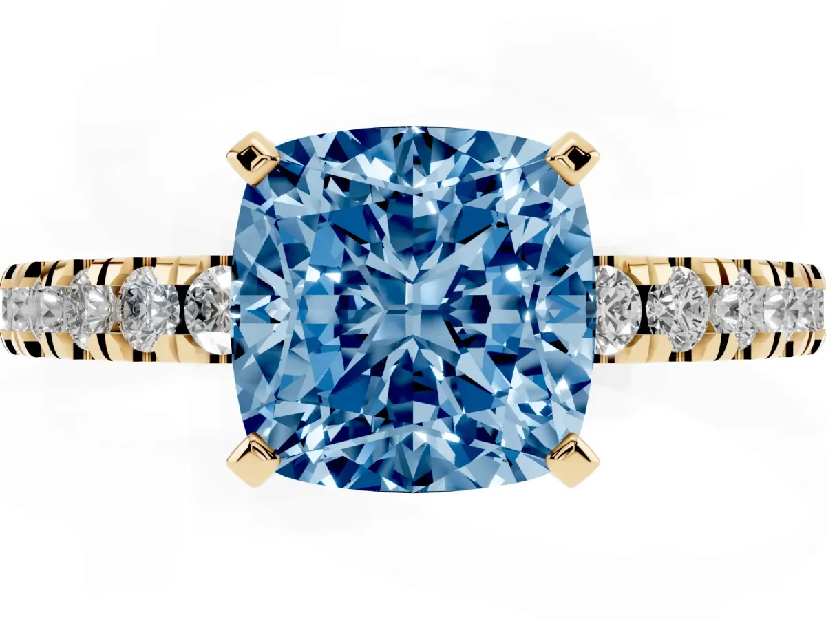 Fancy Blue Cushion Cut Solitaire Diamond with Pavé Band and Four-Prong Setting Yellow gold