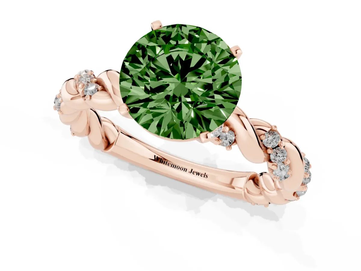 Fancy Green Round Cut Diamond Solitaire Ring with Twisted Band and Pavé Accents Rose gold