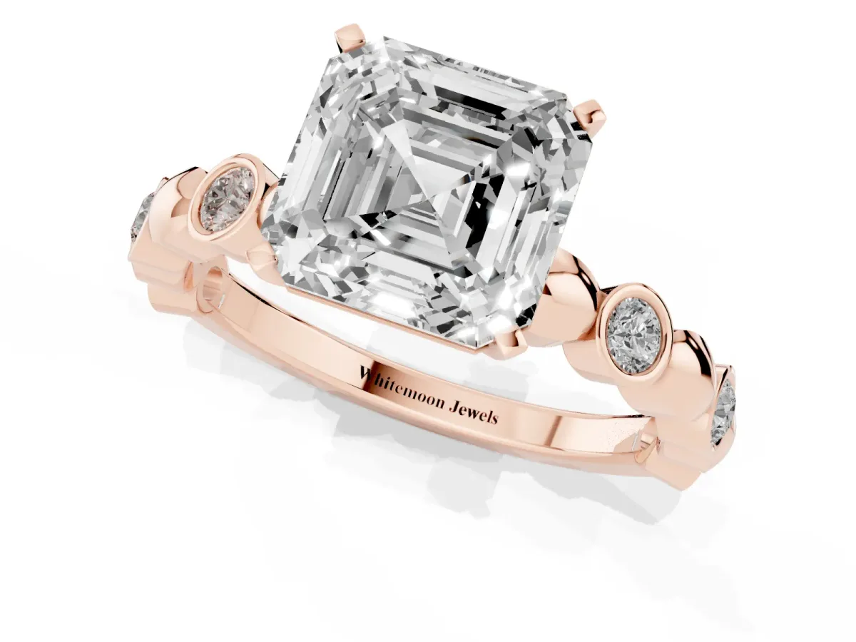 Asscher Cut Solitaire Bezel-Set Diamond Ring with Beaded Band and Four-Prong Setting Rose gold