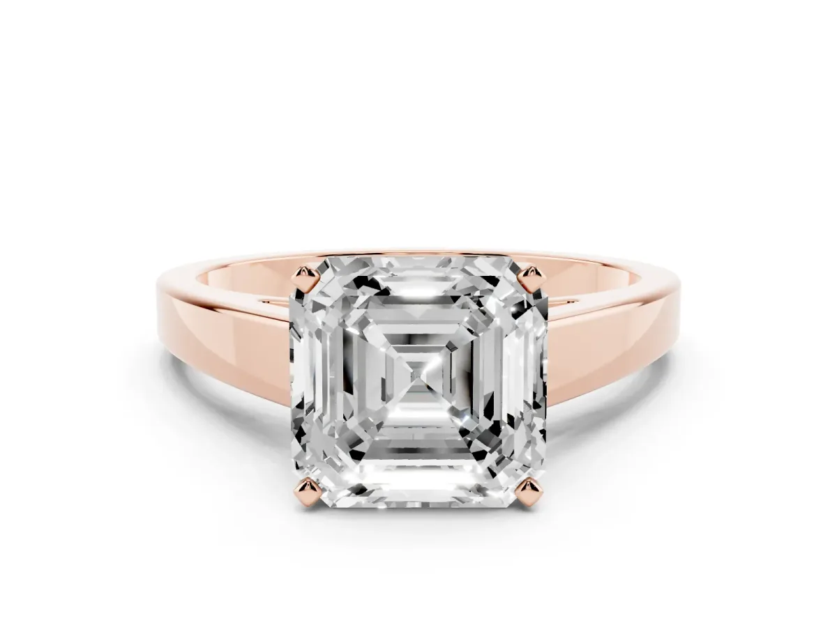 Asscher Cut Solitaire Engagement Ring with Four-Prong Setting and Tapered Band Rose gold