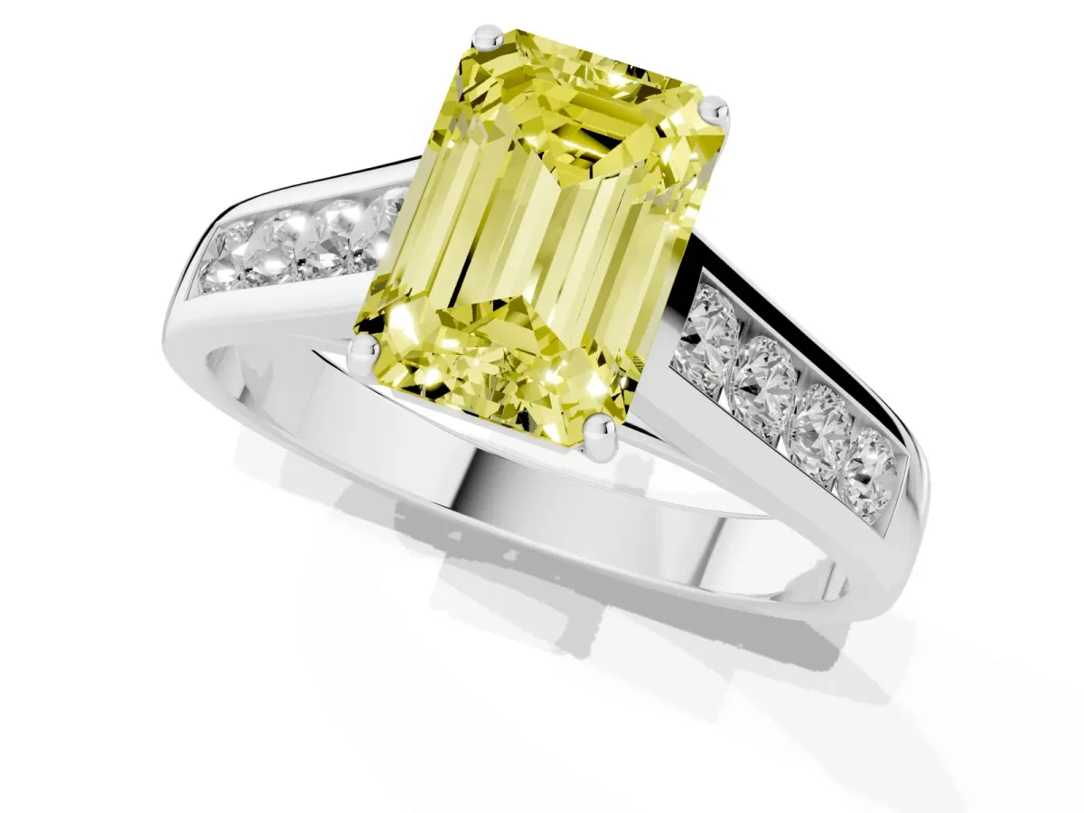 Fancy Yellow Emerald Cut Brilliant Channel-Set Solitaire Ring with Four-Prong Setting White gold