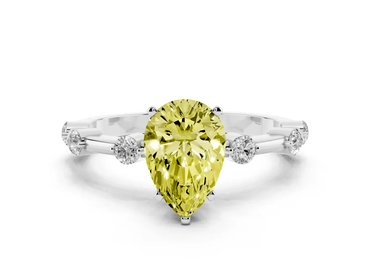 Fancy Yellow Pear Cut Solitaire Diamond Ring with Bezel Set Side Stones and Prong Setting Platinum