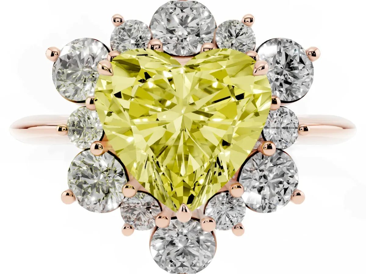 Fancy Yellow Heart Cut Diamond Cluster Halo Ring with Solitaire Band and Four-Prong Setting Rose gold