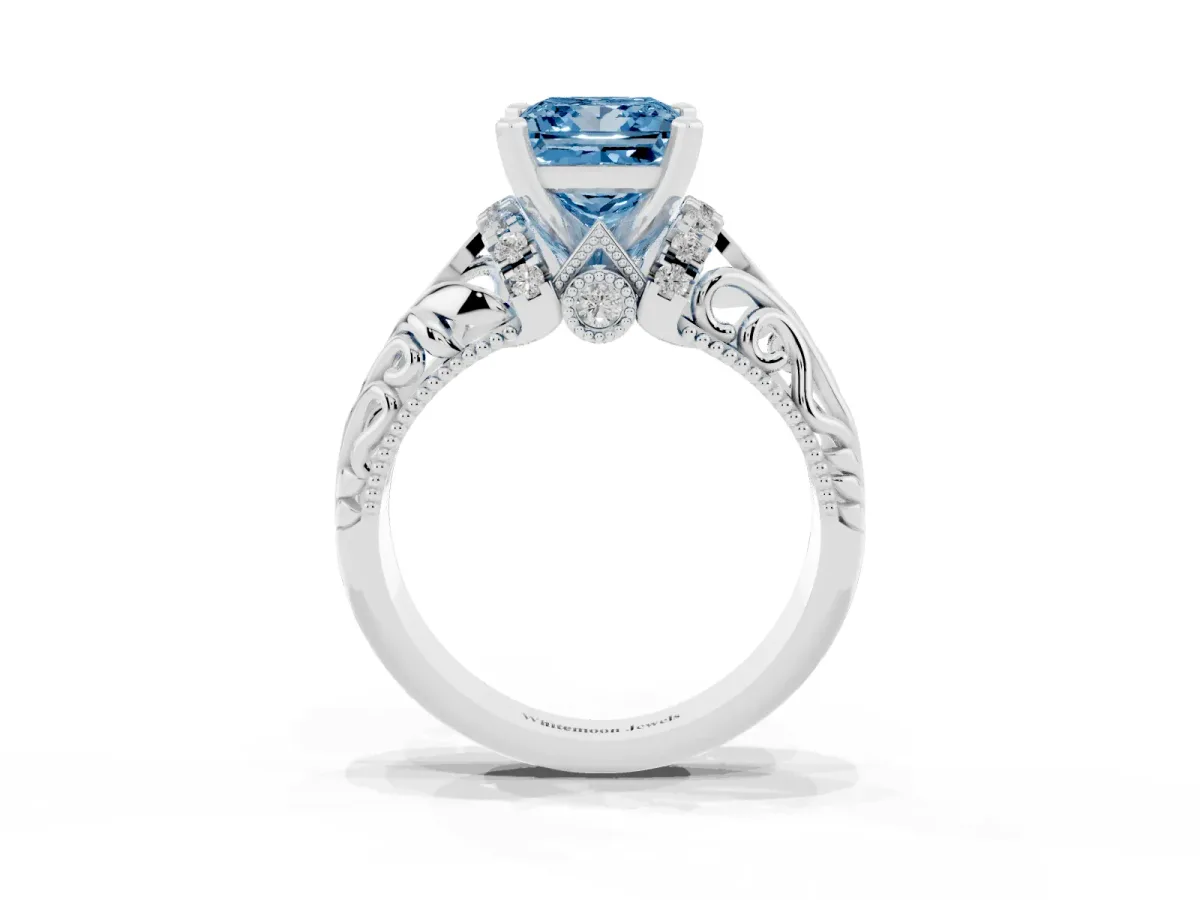 Fancy Blue Princess Cut Solitaire Filigree Engagement Ring with Halo and Prong Setting White gold