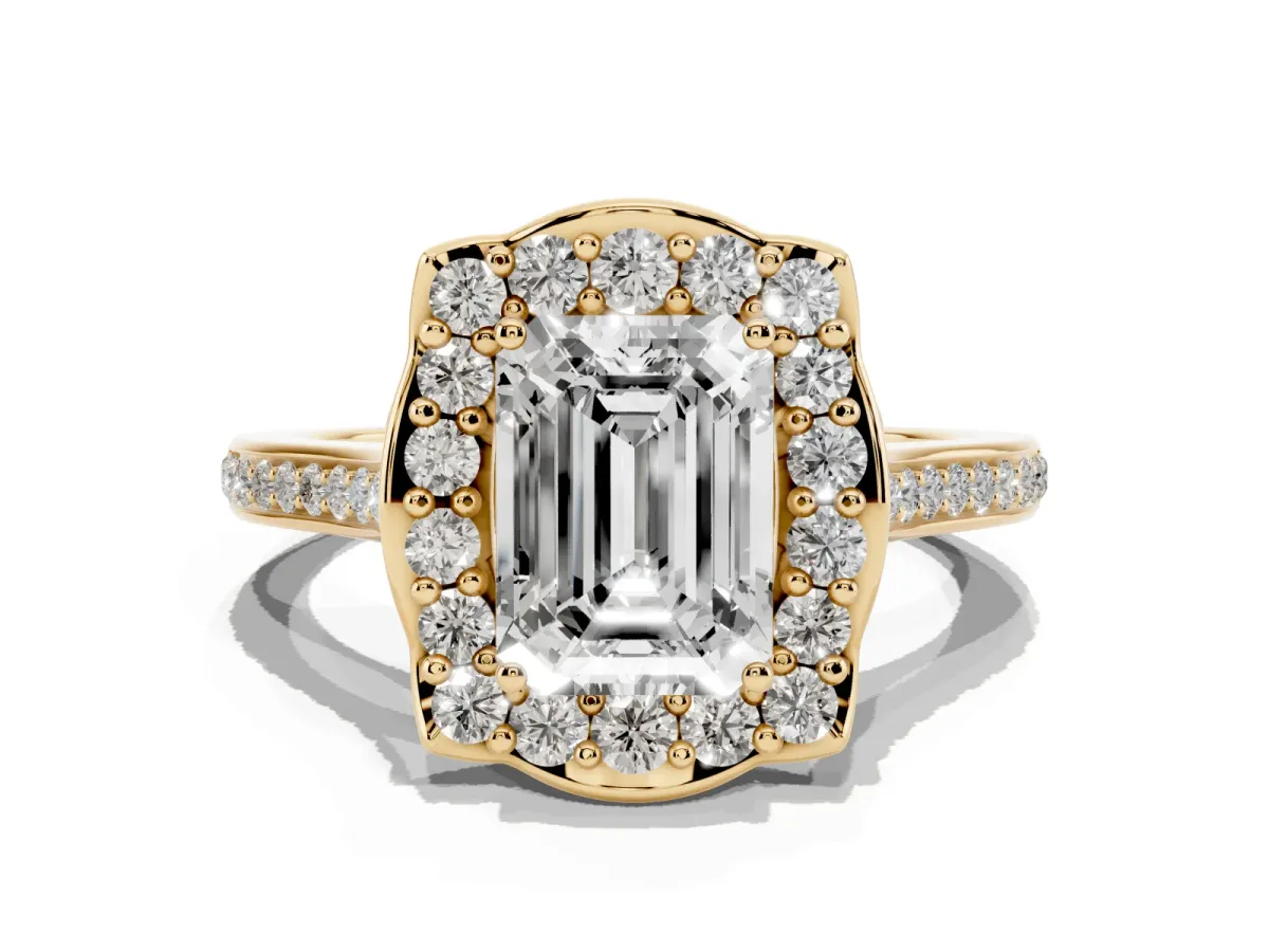 Emerald Cut Halo Round Diamond Pave Band with Four-Prong Setting Yellow gold