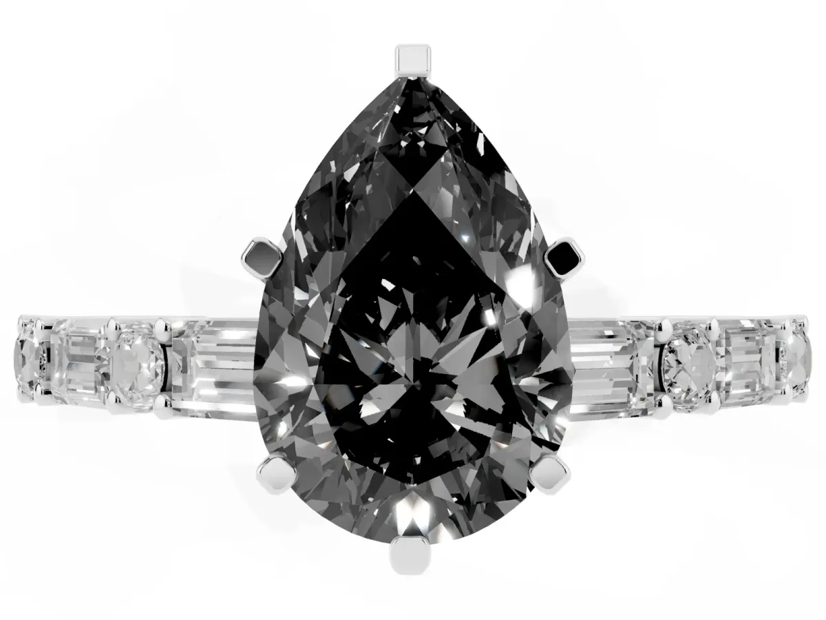 Fancy Black Pear Cut Diamond Solitaire with Side Baguettes and Channel Set Band White gold