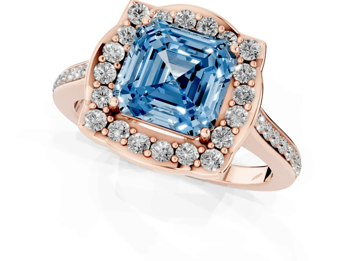 Fancy Blue Asscher Cut Halo Round Diamond Pave Band with Four-Prong Setting Rose gold