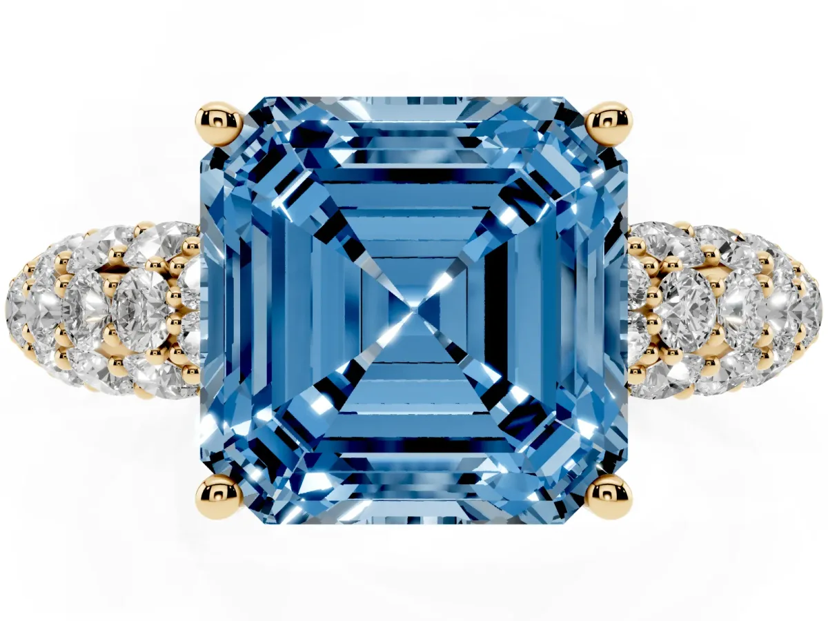 Fancy Blue Asscher Cut Diamond Pavé Band Solitaire Ring with Four-Prong Setting Yellow gold