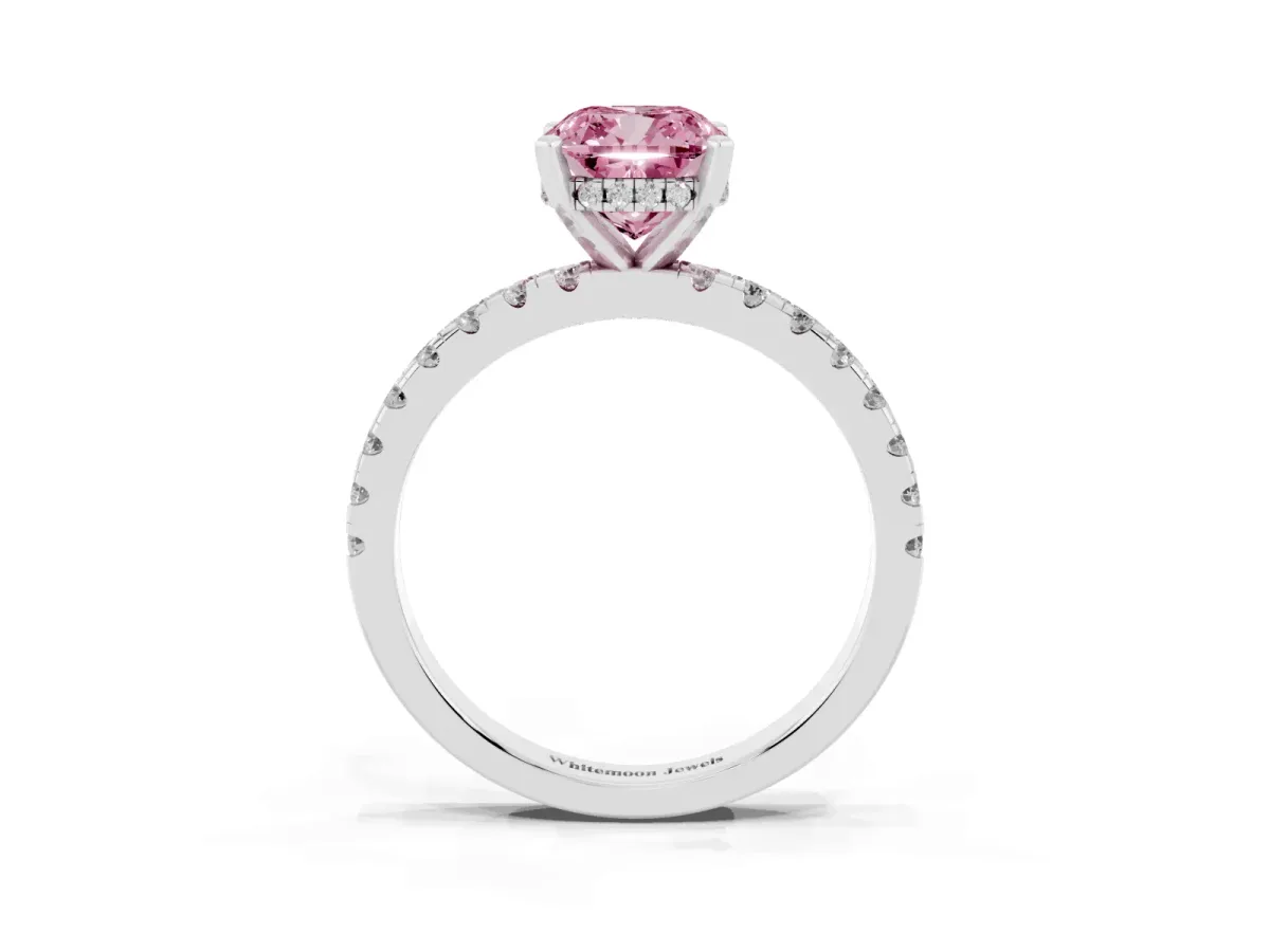 Fancy Pink Cushion Cut Diamond Solitaire Ring with Round Pavé Band and Four-Prong Setting Platinum