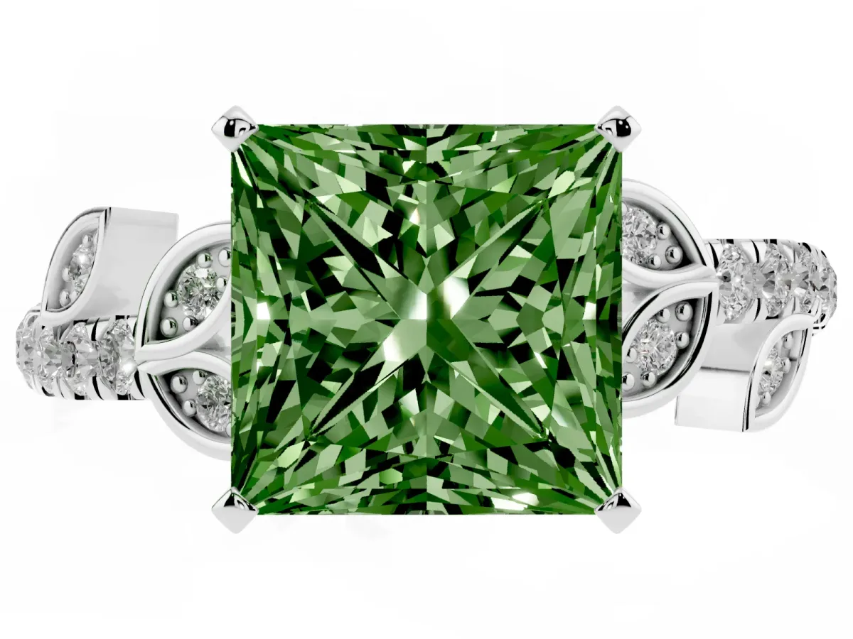 Fancy Green Princess Cut Solitaire Leaf-Inspired Diamond Ring with Pavé Band and Four-Prong Setting Platinum