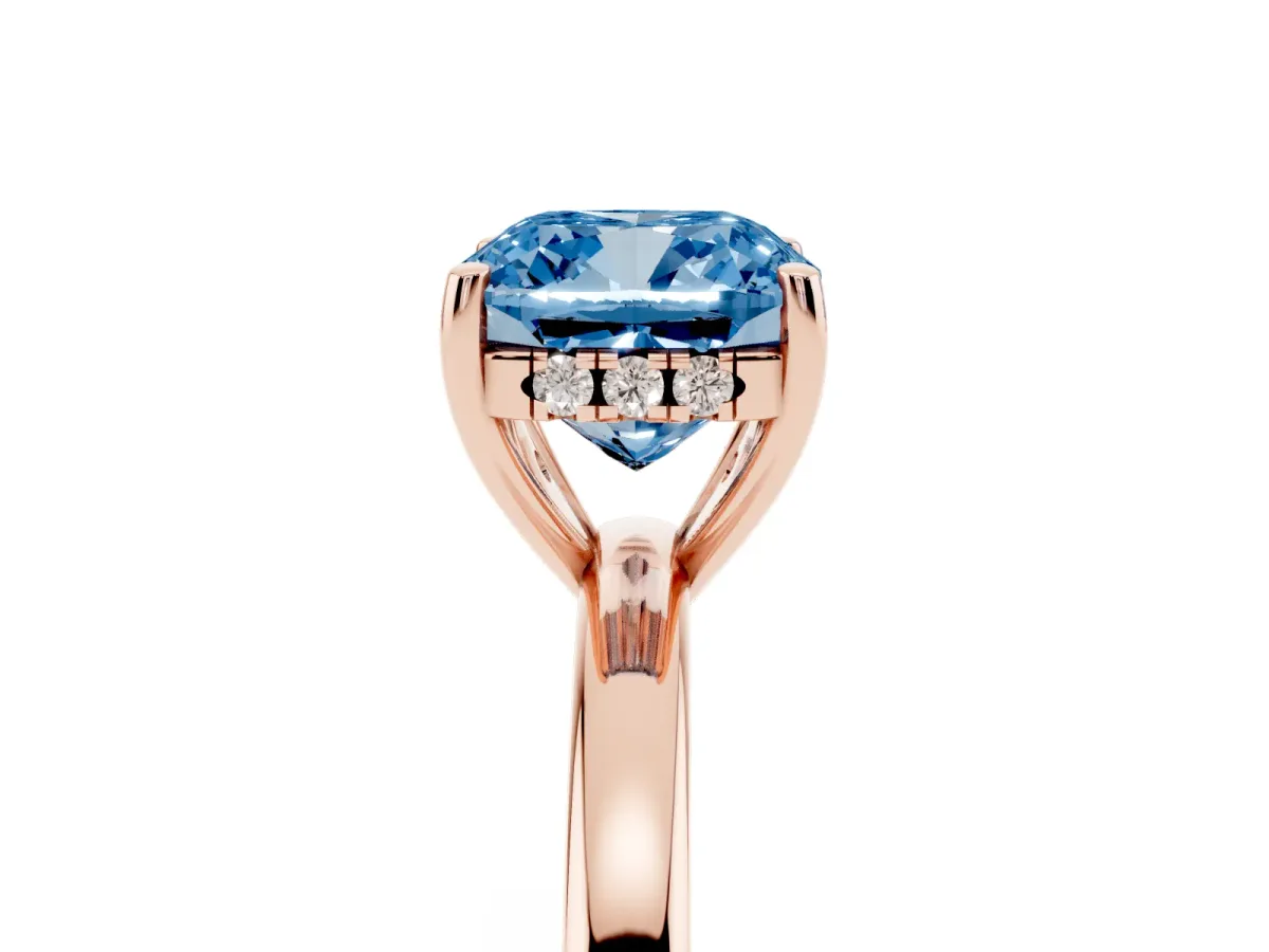 Fancy Blue Cushion Cut Solitaire Diamond Ring with Prong Setting and Plain Band Rose gold