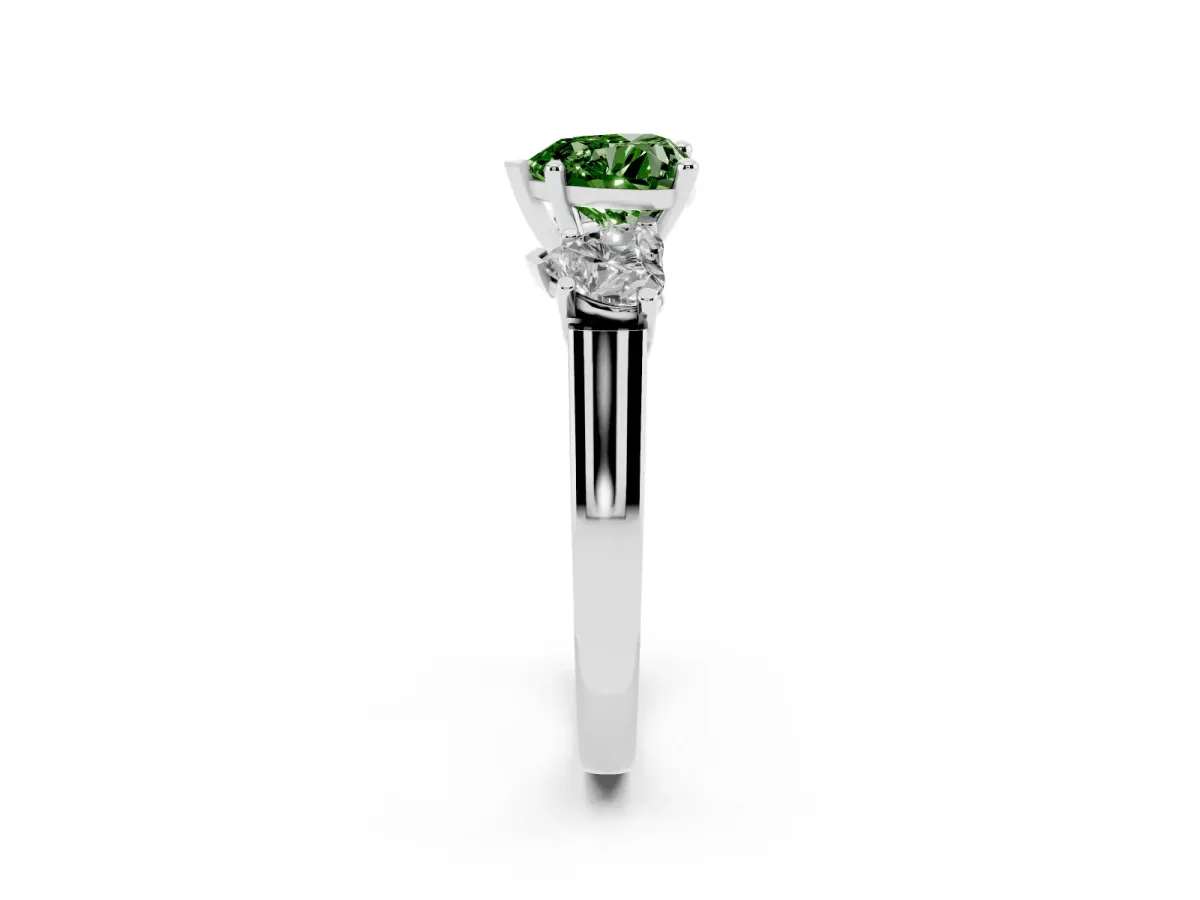 Fancy Green Three-Stone Heart Cut Brilliant Diamond Trellis Ring with Comfort Fit Band Platinum