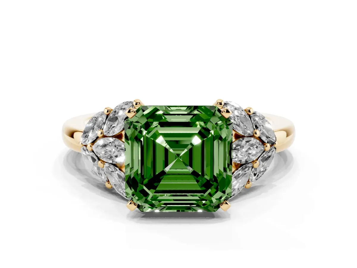 Fancy Green Asscher Cut Diamond Cluster Leaf Design Ring with Prong Setting Yellow gold