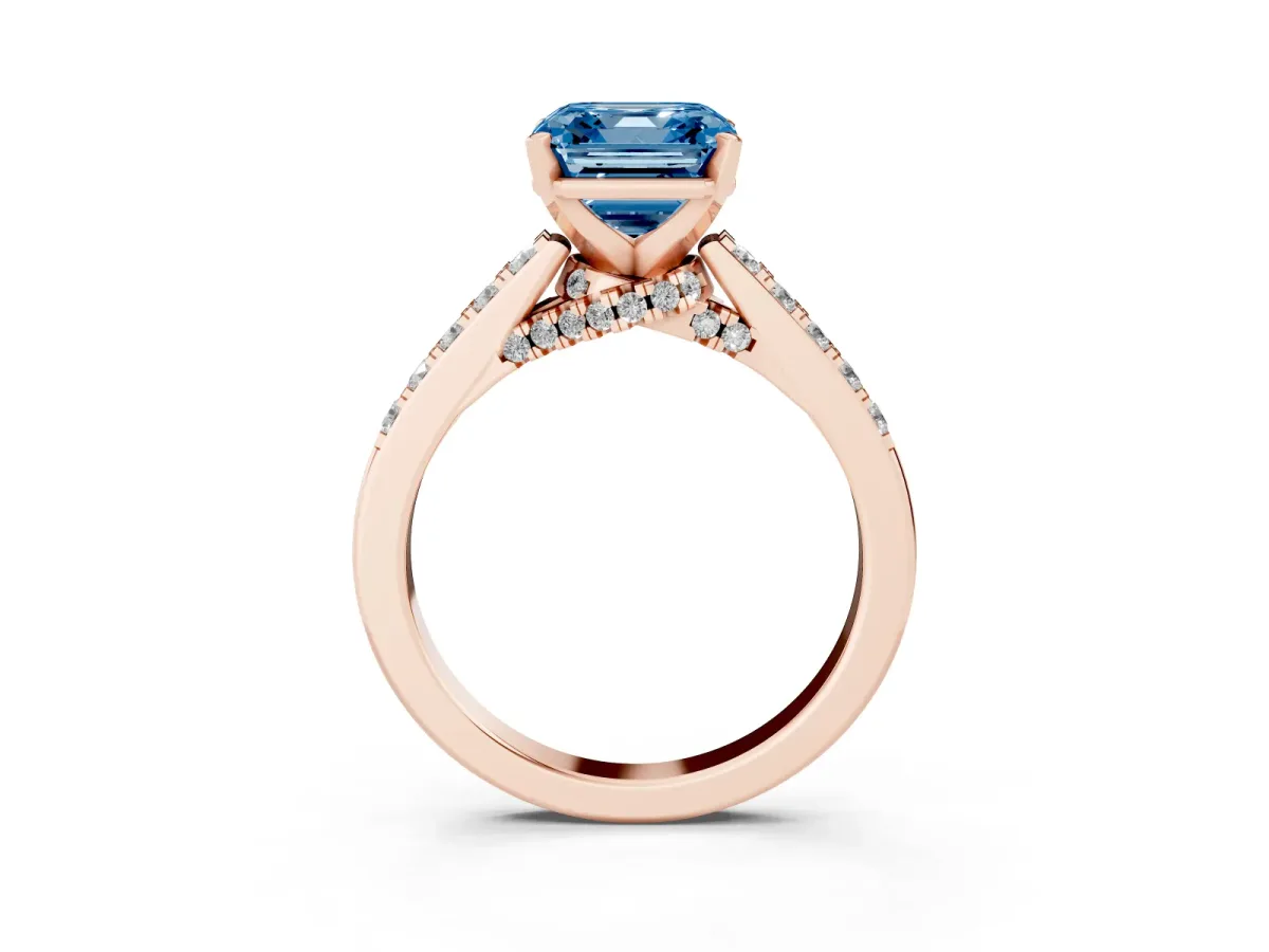 Fancy Blue Asscher Cut Diamond Solitaire Ring with Crossover Gallery and Round Pavé Band Rose gold