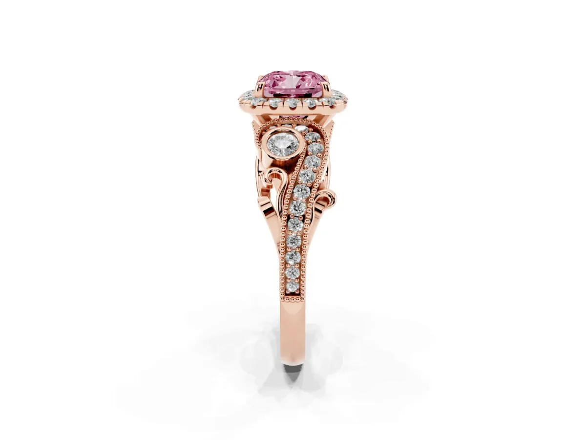 Fancy Pink Cushion Cut Halo Diamond Ring with Milgrain and Bezel Accents on a Split Shank Band Rose gold