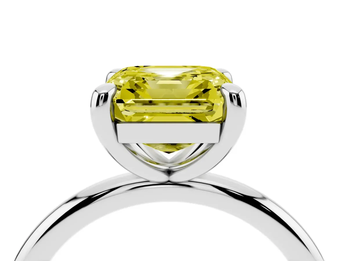 Fancy Yellow Asscher Cut Solitaire Diamond Ring with Four-Prong Setting on a Plain Band Platinum