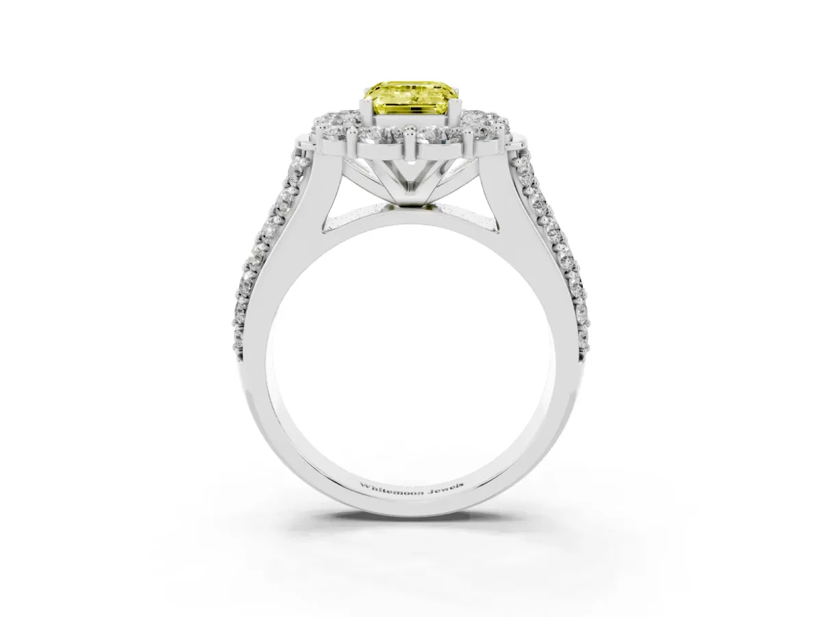 Fancy Yellow Emerald Cut Halo Diamond Engagement Ring with Split Shank and Prong Setting Platinum