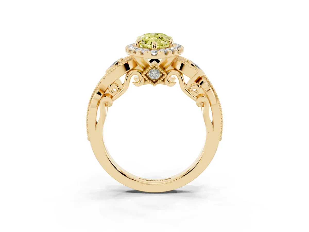 Fancy Yellow Marquise Cut Halo Diamond Ring with Milgrain and Bezel Accents on a Split Shank Band Yellow gold