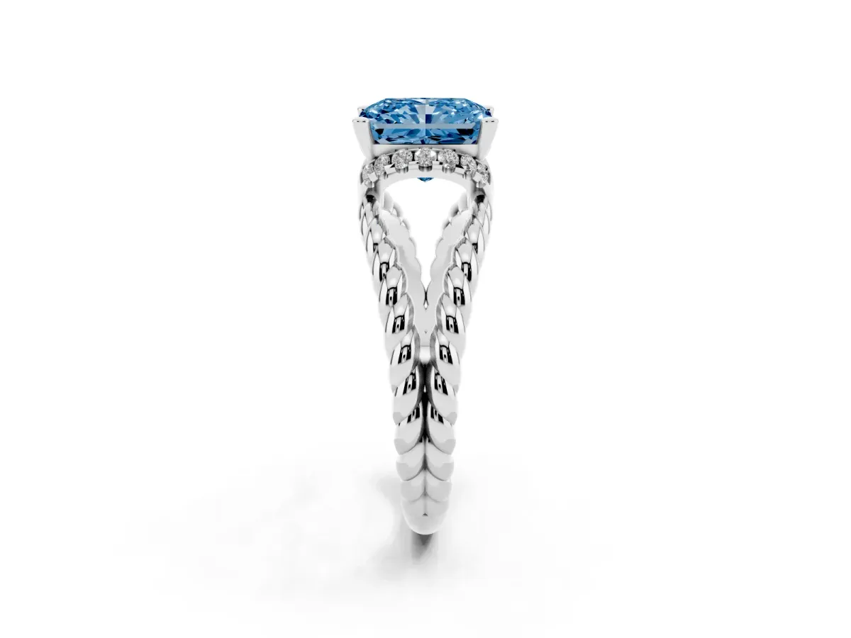 Fancy Blue Radiant Cut Halo Twisted Band Four-Prong Ring Silver