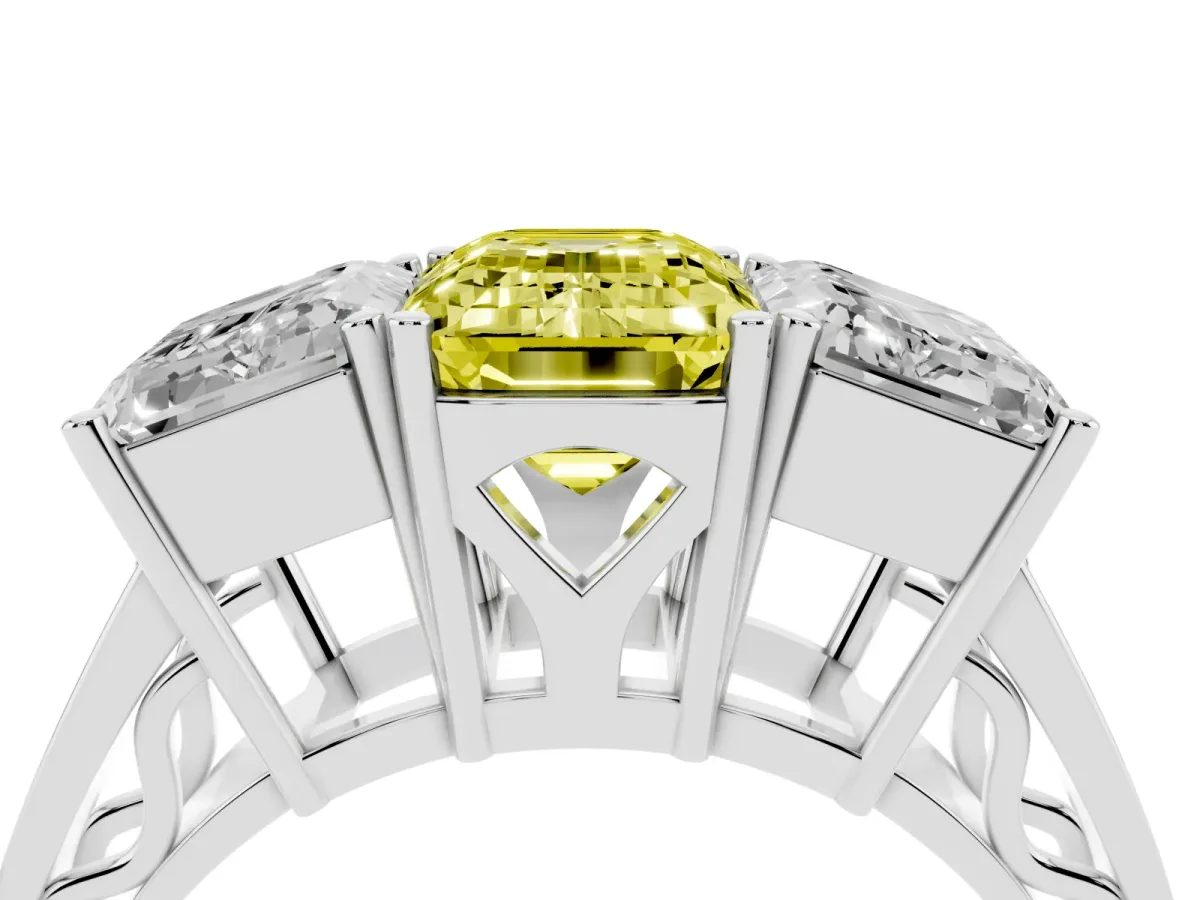 Fancy Yellow Emerald Cut Diamond Three-Stone Ring with Prong Setting and Textured Band Silver