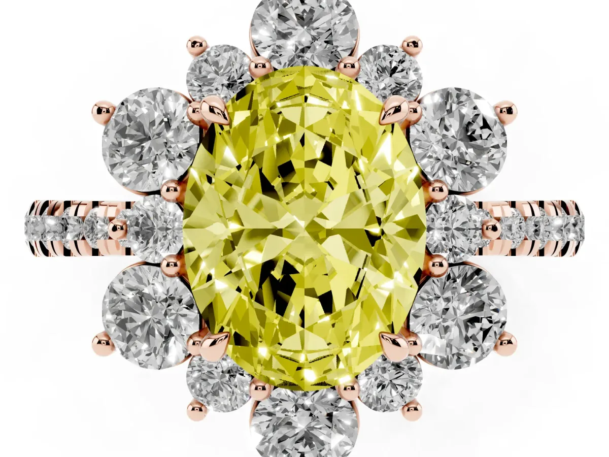 Fancy Yellow Oval Cut Diamond Floral Halo Ring with Round Pavé Band and Prong Setting Rose gold
