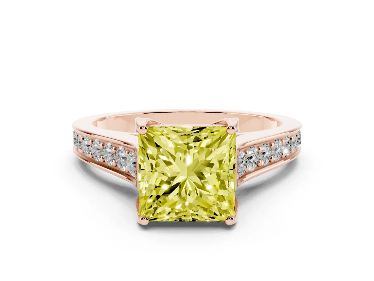 Fancy Yellow Princess Cut Brilliant Cut Diamond Engagement Ring with Pavé Band and Four-Prong Setting Rose gold