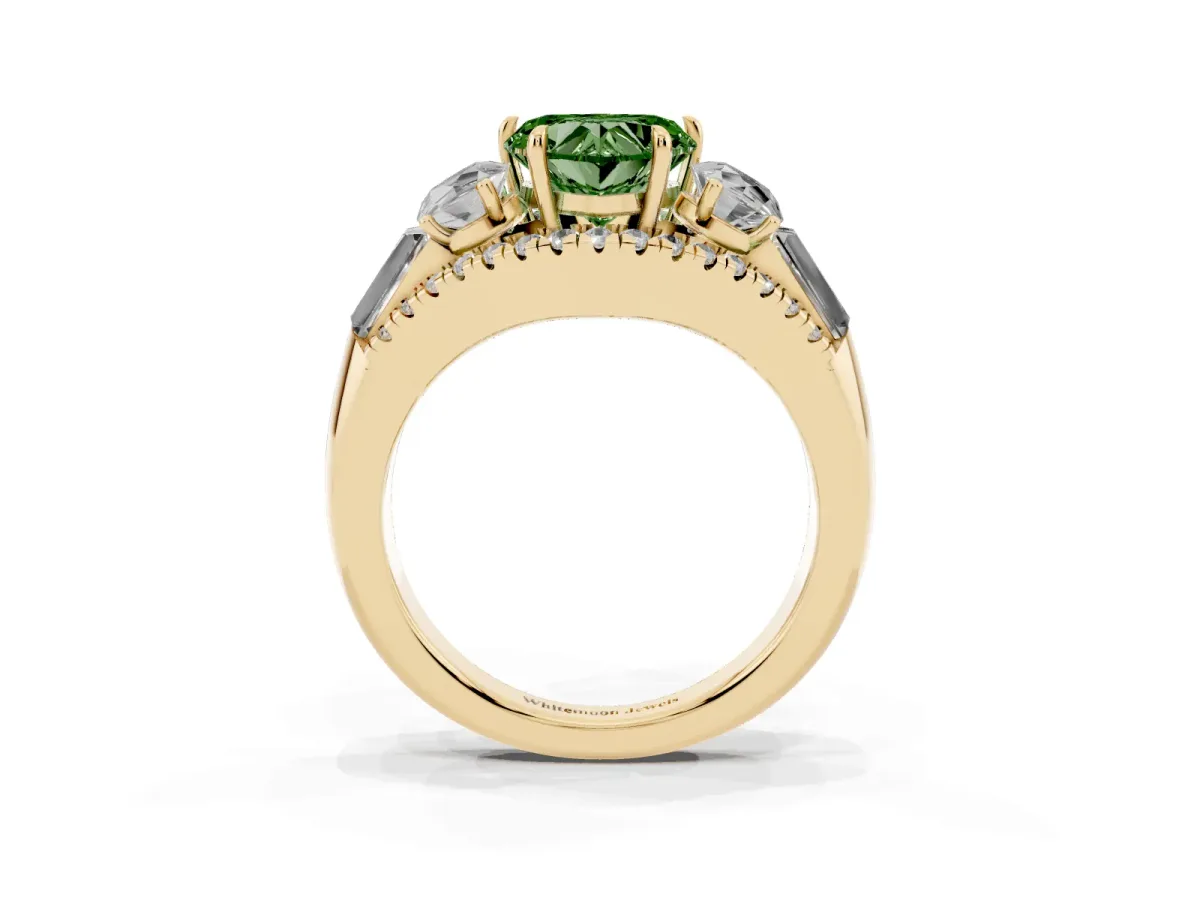 Fancy Green Three-Stone Heart Cut Diamond Engagement Ring with Pave Band and Prong Setting Yellow gold