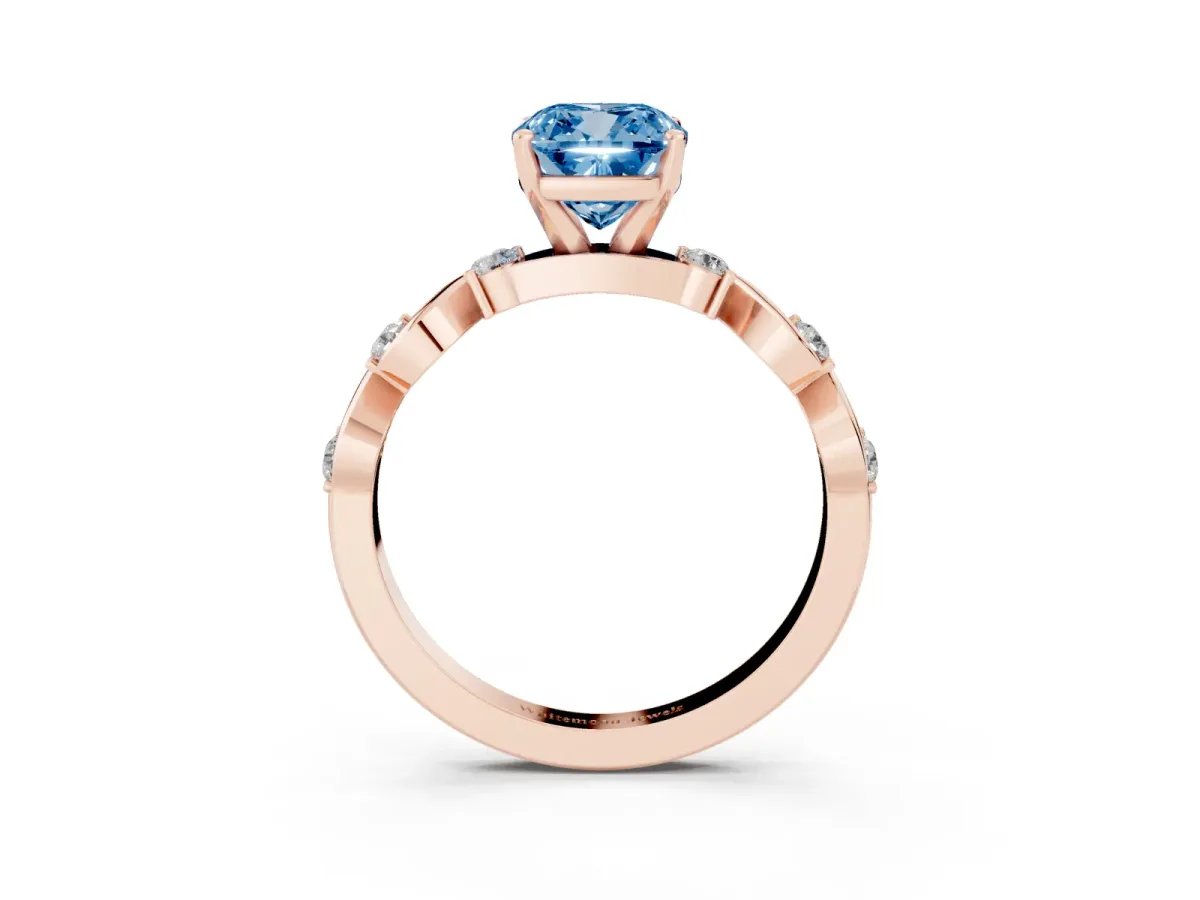Fancy Blue Cushion Cut Diamond Solitaire Twisted Band with Round Accents and Prong Setting Rose gold