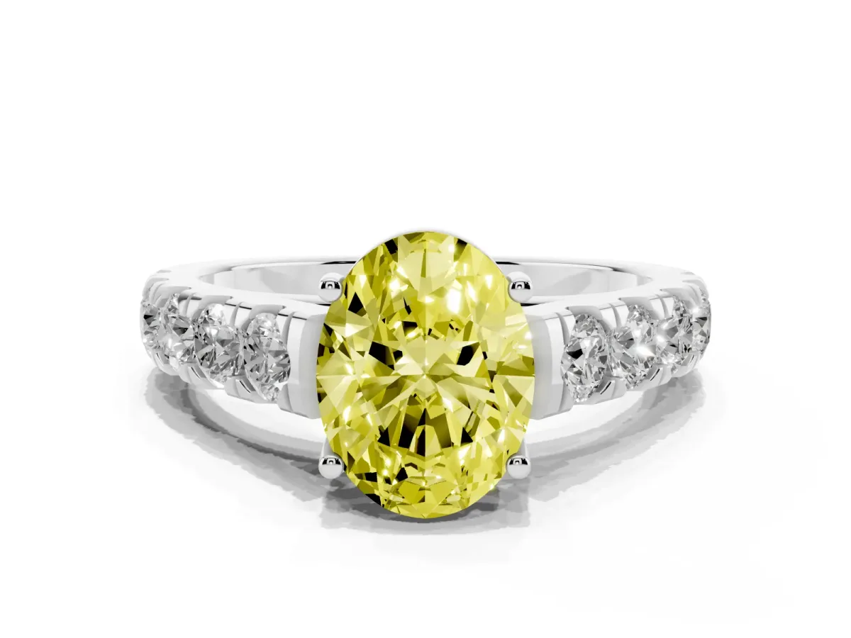 Fancy Yellow Oval Cut Cut Diamond Solitaire Ring with Micro Pave Band and Prong Setting Platinum