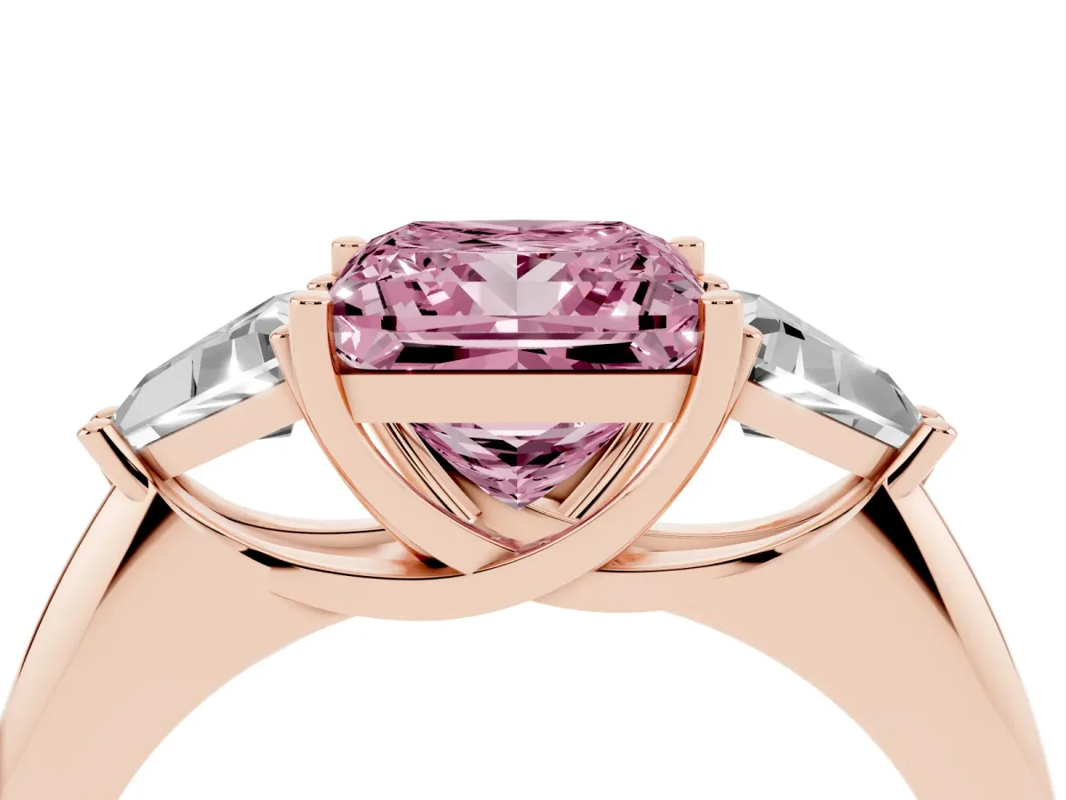Fancy Pink Three-Stone Princess Cut Diamond Engagement Ring with Trillion Side Stones and Prong Setting Rose gold