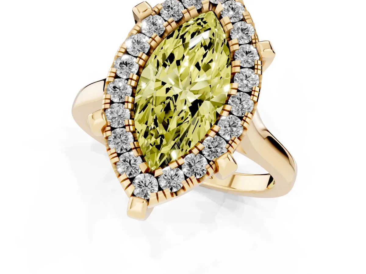 Fancy Yellow Marquise Cut Diamond Cluster Halo Solitaire with Four-Prong Setting Yellow gold