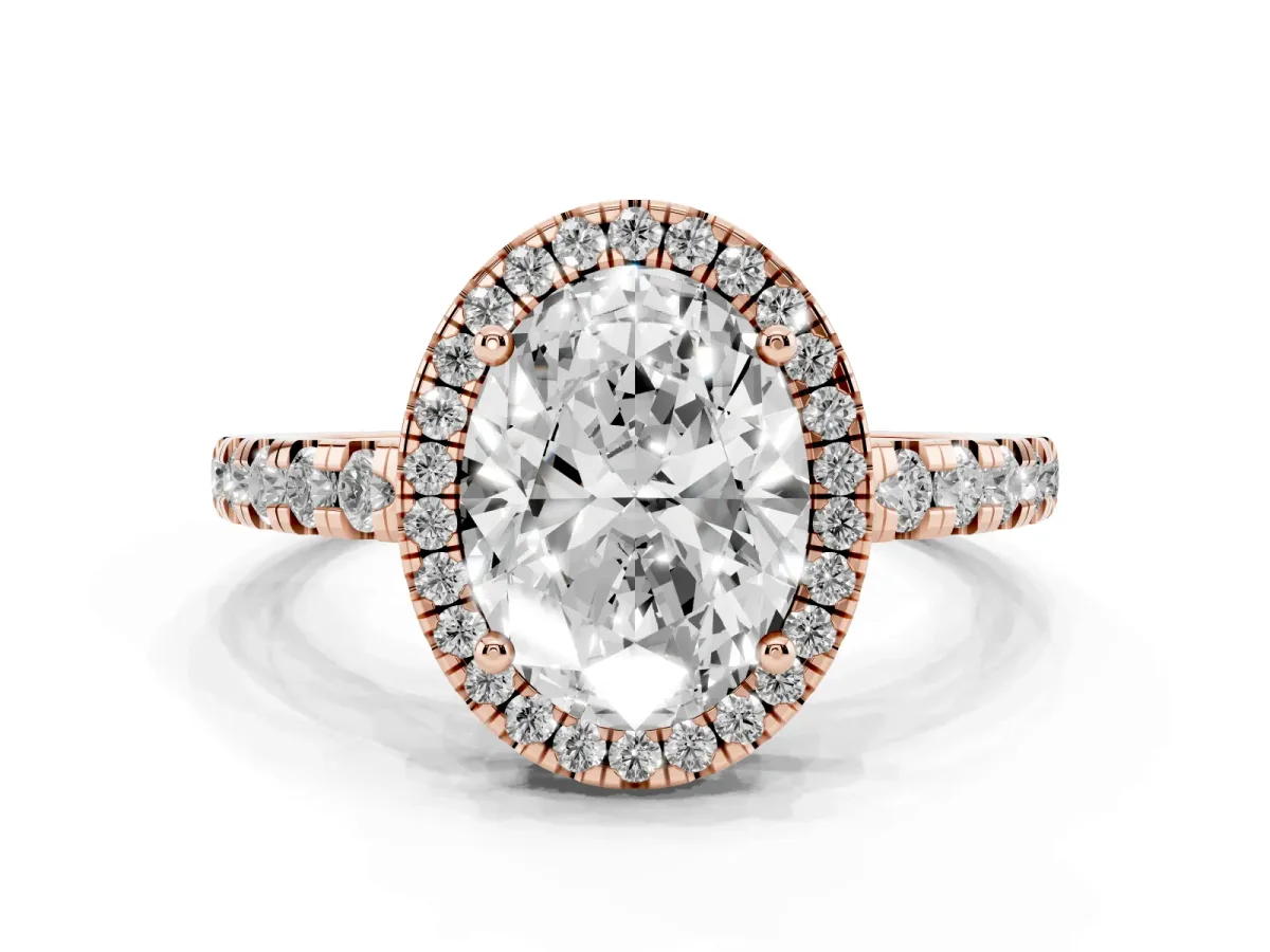 Oval Cut Diamond Halo Ring with Pavé Band and Four-Prong Setting Rose gold