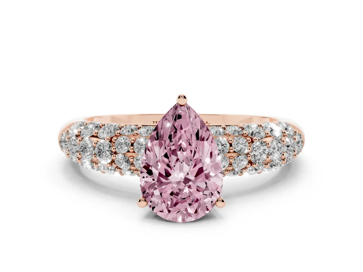 Fancy Pink Pear Cut Diamond Pavé Band Solitaire Ring with Four-Prong Setting Rose gold